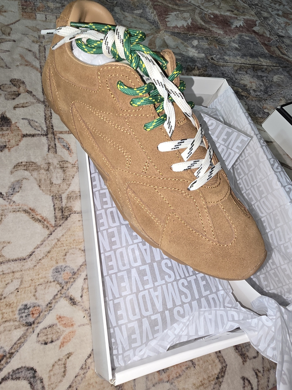 Steve Madden Aziel Tan Suede Sneakers with Green and White Laces
